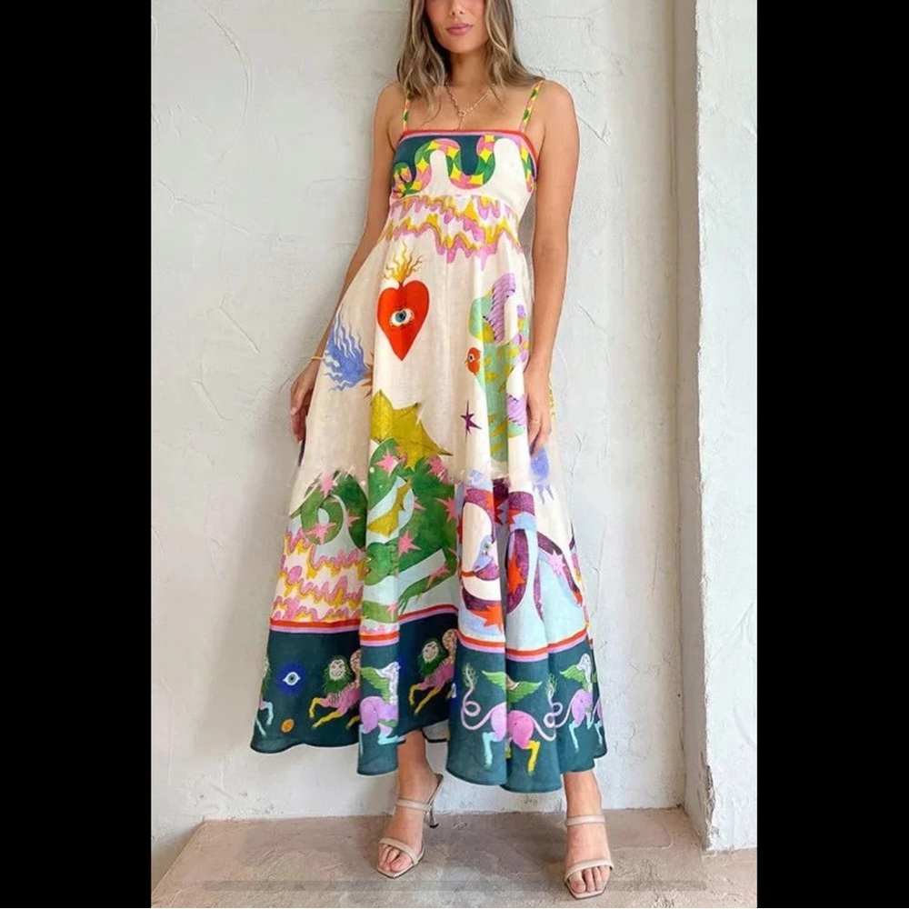 LINEN BLEND UNIQUE PRINT SMOCKED BACK POCKETED DRESS